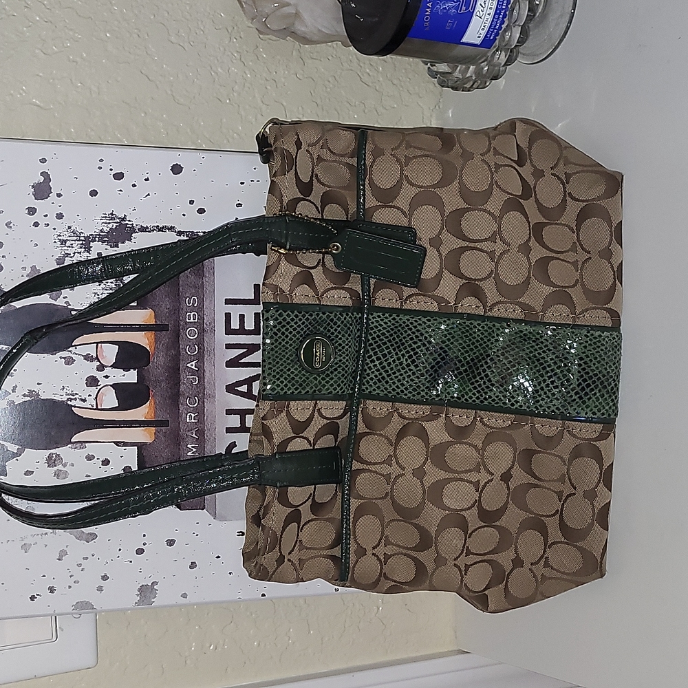 EUC Coach signature brown and beige with green python stripe print
